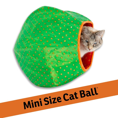 A seven-pound cat inside our mini-size Cat Ball®cat bed. This smaller version of our hexagonal cat bed is great for kittens, or pets up to about 9 pounds. Made in the USA with a bright green and orange cotton batik fabric. 