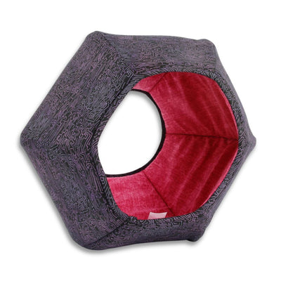 The mini-size Cat Ball® is a smaller version of our hexagonal cat bed, kittens will play in the bed and then sleep inside. Made in the USA with a line print in purple and pink. The bright-colored pink lining is perfect for photographing kittens with dark fur. Fits cats to about 9 pounds