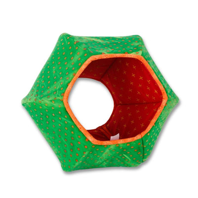 Our mini-size Cat Ball® cat bed is for kittens and cats to about 9 pounds. Made here in a bright green batik with orange polka dots, and lined with a bright pink cotton batik. 