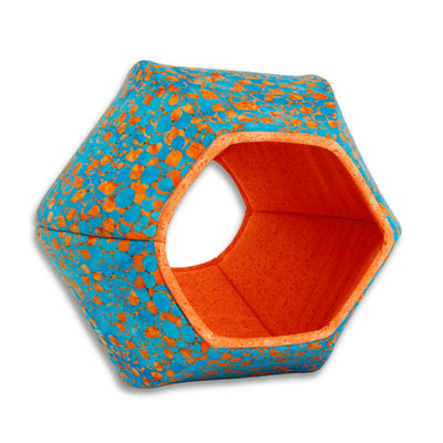 The mini-size Cat Ball® is a smaller version of our hexagonal cat bed, kittens will play in the bed and then sleep inside. Made in the USA with bright turquoise and orange batik and lined with a fun orange fabric. Fits cats to about 9 pounds