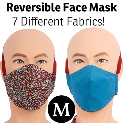 Our reversible face mask offers two looks in one mask.  The adjustable head band wraps around the back of your head and does not use your ears. Many fabrics available, made in USA.