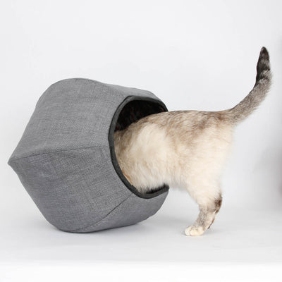 Tink, a 7-pound cat, inside our Cat Ball® cat bed made with a grey cotton fabric cleverly printed to look like burlap. The Cat Ball® cat bed fits cats to about 18 pounds and is made in the USA. 