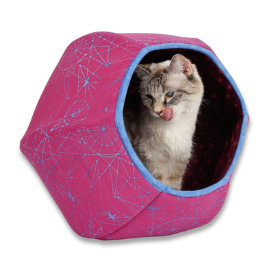 The Cat Ball® cat bed made with bold pink and blue cotton batiks. Our innovative cat beds are made in the USA. 