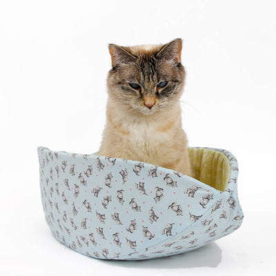 Cat Canoe® modern cat bed made with a baby blue kitten print and lined with a mint green fishbones print.