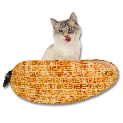 The Cat Canoe® is made with Egyptian Hieroglyphics fabric and lined with a linen-look cotton. Our modern cat bed is made in the USA, fits pets to about 18 pounds, and is ready to ship.