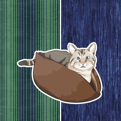 The Cat Canoe modern cat bed is made here in a bold green and blue stripe and lined with blue cotton with a textured look. 