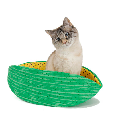 The Cat Canoe made with an abstract watermelon stripe outside and lined with a yellow watermelon print, complete with the black seeds.