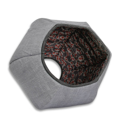 Our Cat Ball® cat bed made with a grey cotton fabric cleverly printed to look like burlap. The Cat Ball® cat bed fits cats to about 18 pounds and is made in the USA.