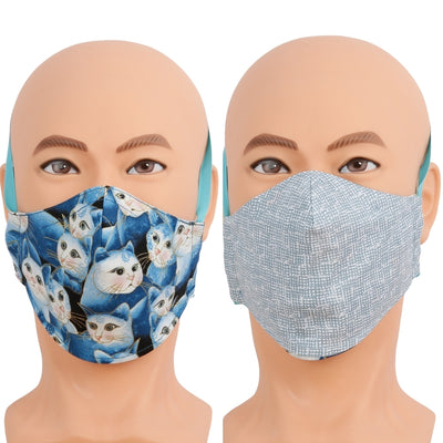 This reversible face masks has a pretty blue cat fabric on one side and a neutral blue print on the other. Triple layer cotton fabric facemask has a filter pocket, nose wire. Mask has different wearing options including behind the head band that doesn't use your ears, a ribbon lanyard head strap, and adjustable ear loops. Washable, reusable and ​made in USA