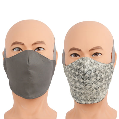 Neutral grey fabric reversible face mask has this geometric print on the other side. Three-layer cotton mask with filter pocket, nose wire, and different wearing options. Made in USA. 