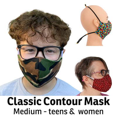 Our medium size face mask is for pre-teens, teens and women. The boy in this photo is 13 years old. Choose betheen the classic ear loop wearing style or our behind the head elastics, a great option if you use glasses or hearing aids. 