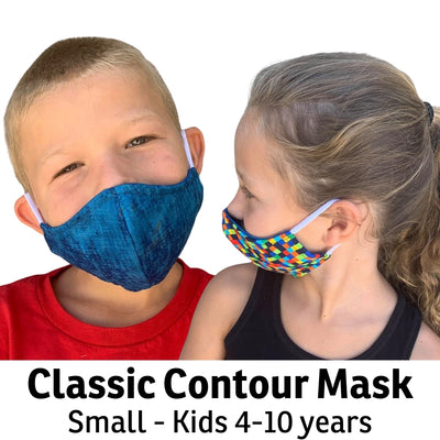 Our size small face mask is for kids about 4-10 years old. We make these with soft cotton/Lycra ear loops, but can replace the loops with adjustable behind the head elastic bands at your request. Our face masks are made in the USA in the state of Washington. 