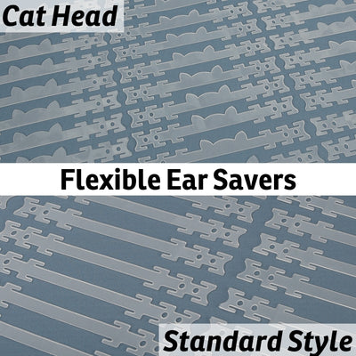 Ear savers made in flexible polypropylene plastic make it more comfortable to wear face masks and can help if you wear glasses or hearing aids.  We have two styles, a plain band and a band with a profile cat head. 