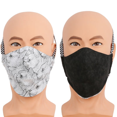Reversible face mask in a black and white cats fabric. Triple layer cotton fabric mask with filter pocket and nose wire. Adjustable behind the head band to keep the pressure off of your ears, or adjustable ear loops. Made in USA.