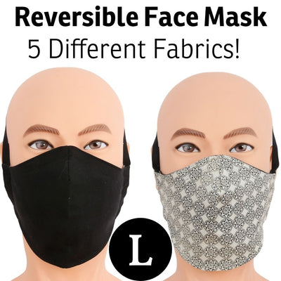Our reversible face mask offers two looks in one mask.  The adjustable head band wraps around the back of your head and does not use your ears. Many fabrics available, made in USA.