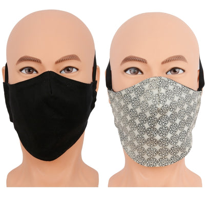 Black fabric reversible face mask  has this geometric print on the other side. 